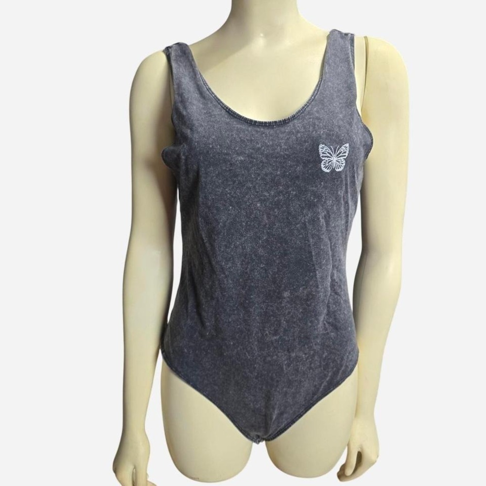 Urban Nation Womens Acid Wash Butterfly Embroidered Bodysuit Gray Size L